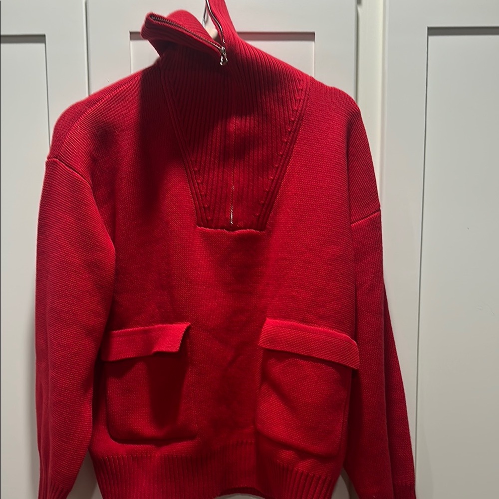 Anthropologie Red Zip Up Sweater with High Collar